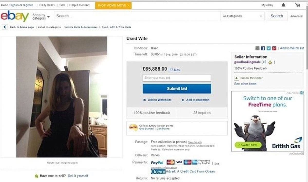 Simonas O'Kane įdėjo į eBay skelbimą, kad parduoda savo žmoną. eBay nuotr.