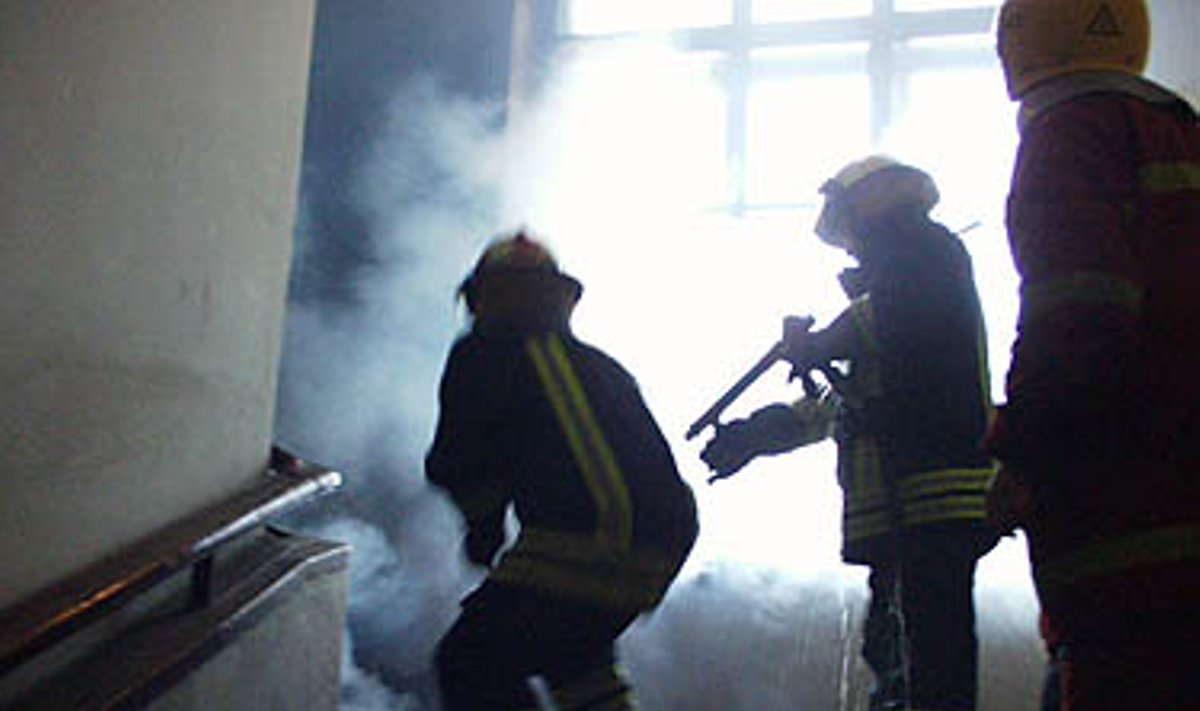 Į pastatą subėgę gelbėtojai ugnį numalšina žaibiškai. Belieka išsklaidyti dūmus, kurių pilna laiptinė.