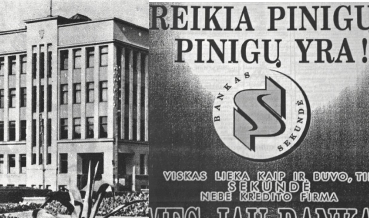 Žemės banko rūmai, 1940 m. / Banko „Sekundė“ reklama „Kauno dienoje“, 1993 m.