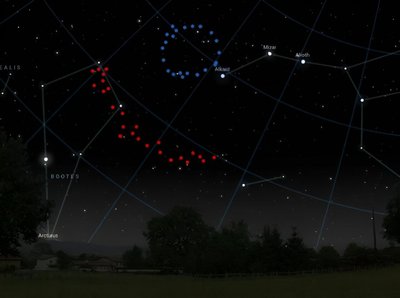 Didžiojo žiedo (mėlyna) ir Didžiosios arkos (raudona) vieta. Stellarium iliustr.