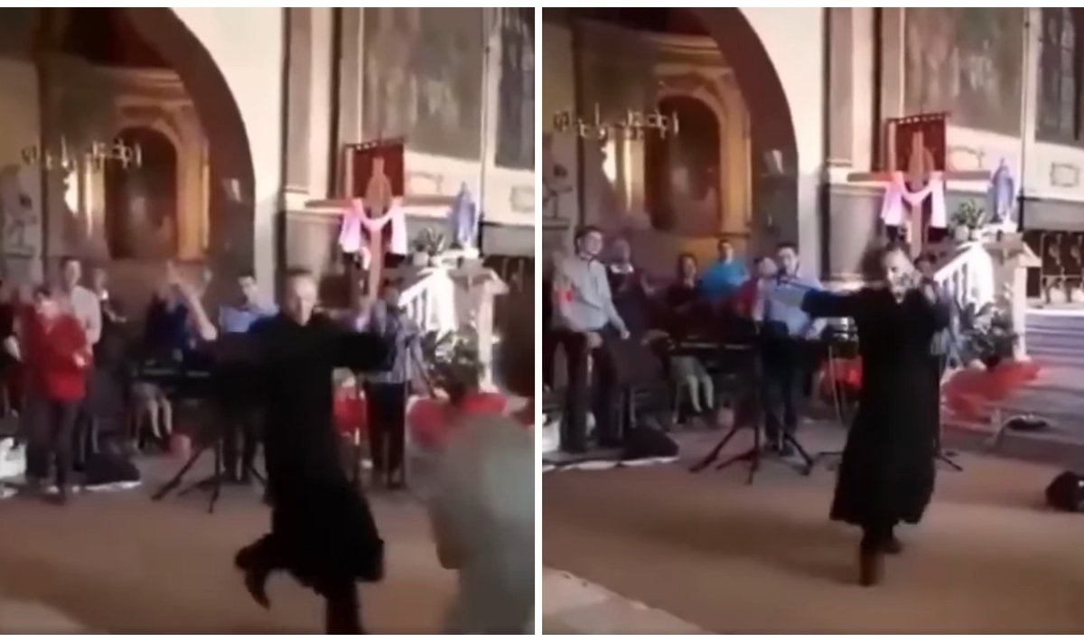 Kadrai iš internete išpopuliarėjusio vaizdo įrašo, kuriame šoka prancūzų dvasininkas Franckas-Marie Legrosas