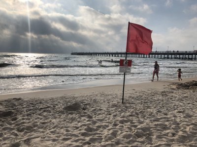 Palangos poilsiautojai maudosi esant raudonai vėliavai