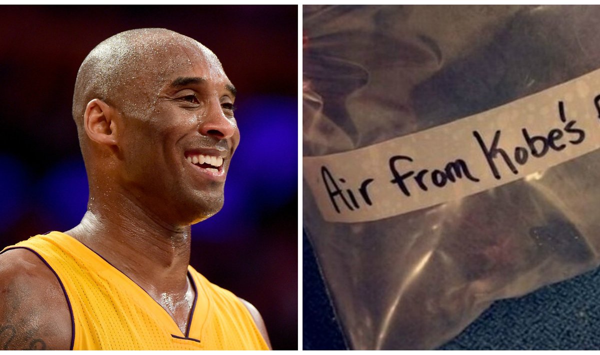 Kobe Bryantas ir oro maišelis iš paskutinių rungtynių (AP/Scanpix, Twitter nuotr.)