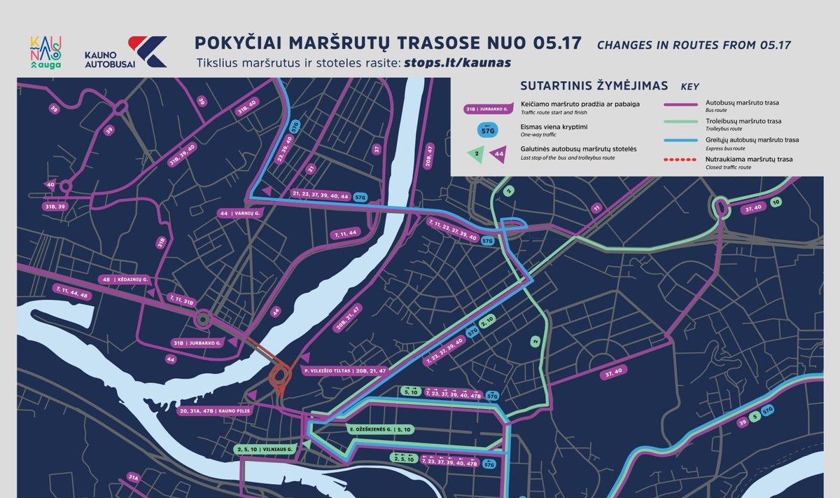 Viešojo transporto Kaune maršrutų žemėlapis