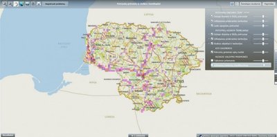 Lietuvos potvynių žemėlapis (violetine spalva pažymėtos vietos, kur yra didžiausia potvynių rizika)