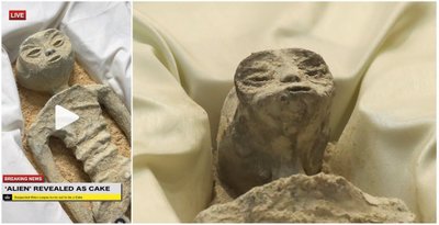 Kairėje - „Instagram“ paskyroje „the_bakeking“ pasidalintas mumijos formos tortas, dešinėje - Meksikos kongresui pristatytos mumijos atvaizdas