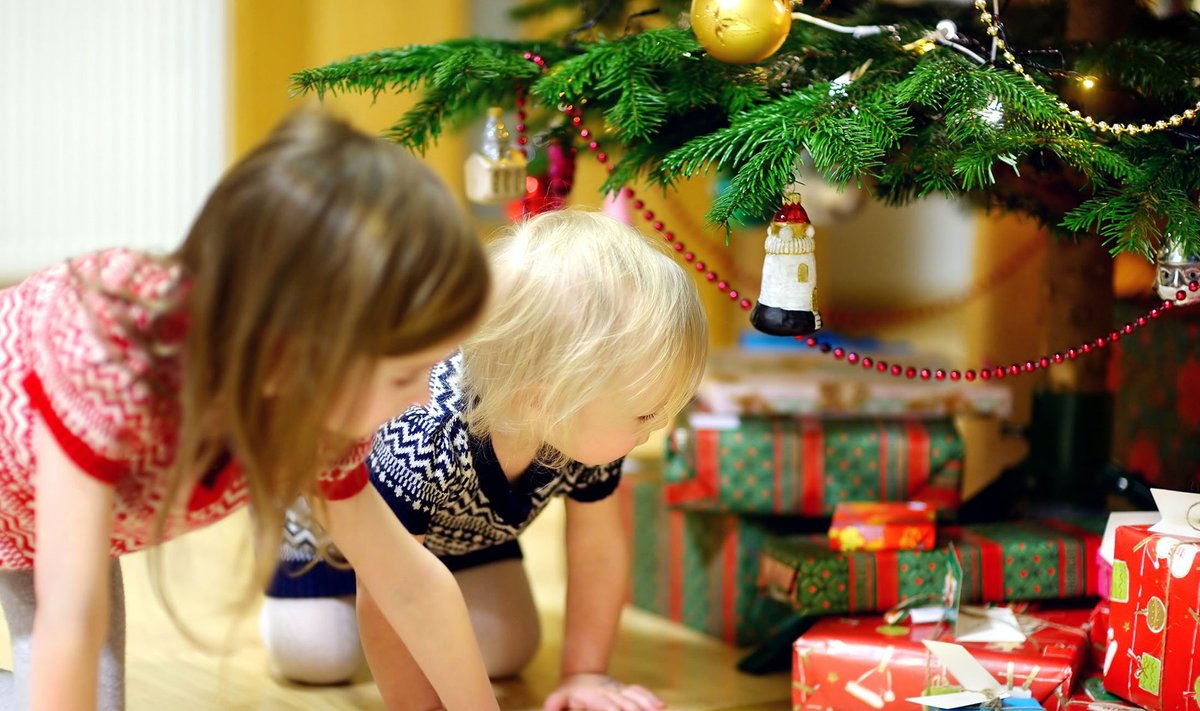 Two adorable little sisters looking for gifts under a Christmas tree on Christmas eve at home