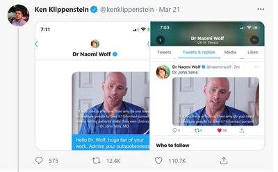 Žurnalistas Kenas Klippensteinas nutarė atlikti eksperimentą. Kovo 21 dieną jis parašė privačią žinutę N. Wolf, prisipažindamas, kad yra didelis jos gerbėjas. Žurnalistas nusiuntė moteriai Dr. Johno Simso nuotrauką, ant kurios pateikta skiepijimo praktiką