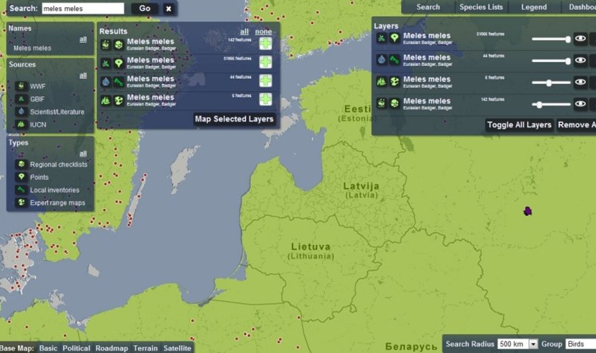 Interaktyvaus žemėlapio vaizdas. Žaliai pažymėta barsuko (meles meles) gyvenama teritorija
