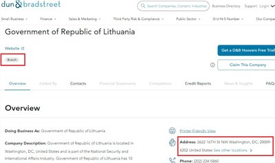 Svetainėje nurodoma, kad kalbama apie padalinį, įrašytas adresas atitinka Lietuvos ambasados JAV adresą