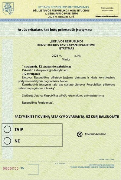 Referendumo dėl pilietybės išsaugojimo biuletenis.