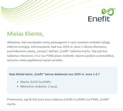 „Enefit“ atsiųstas laiškas klientams apie nuo kovo įsigaliosiantį mokestį 