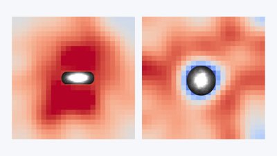 Jonizuotos dujos (raudona) prie tolimų diskinių galaktikų. Kairėje pavaizduota galaktika, matoma iš šono, dujos gana aiškiai veržiasi statmenai jos diskui; dešinėje galaktika matoma iš viršaus, aplink ją jonizuotų dujų praktiškai nėra. Šaltinis: HST/ESO/VLT/MUSE/Yucheng Guo et al.