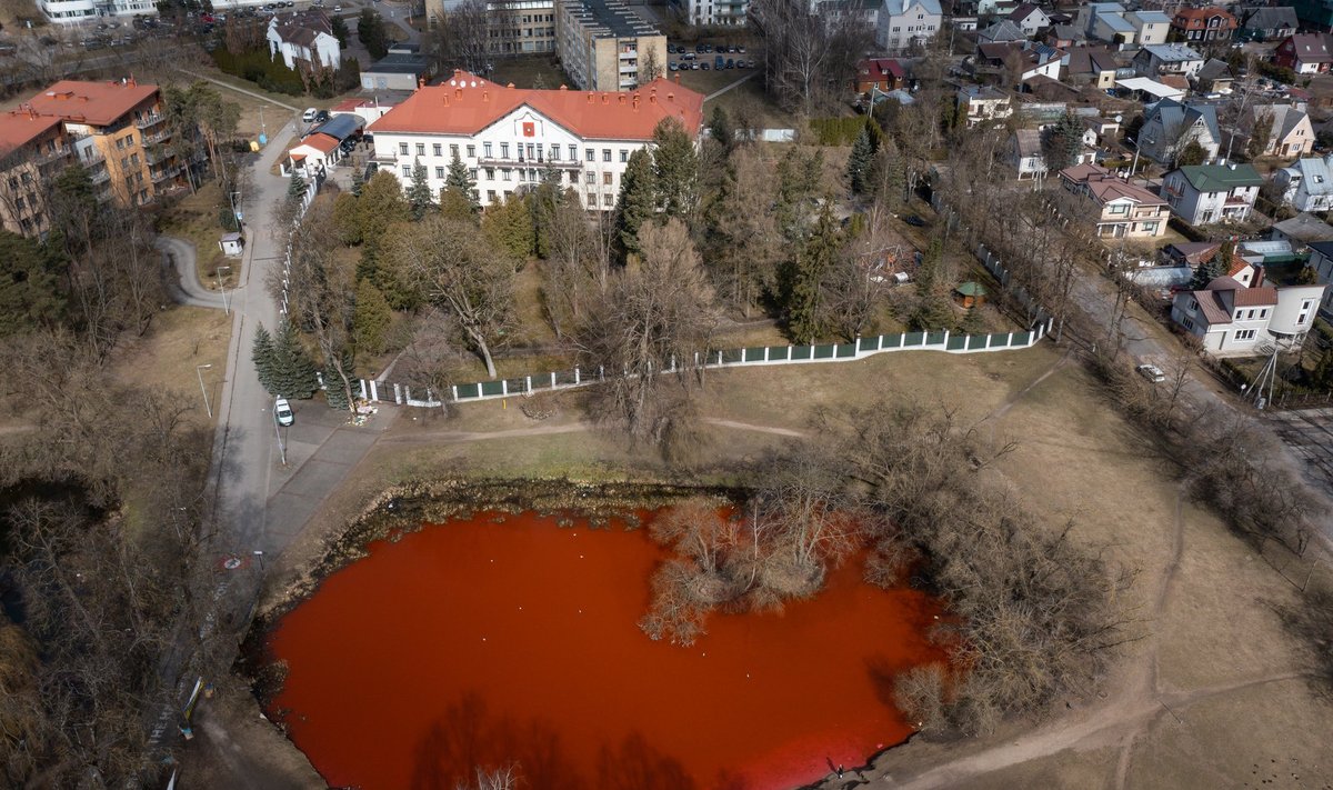 Prie Rusijos ambasados Vilniuje tvenkinys nusidažė kraujo spalva