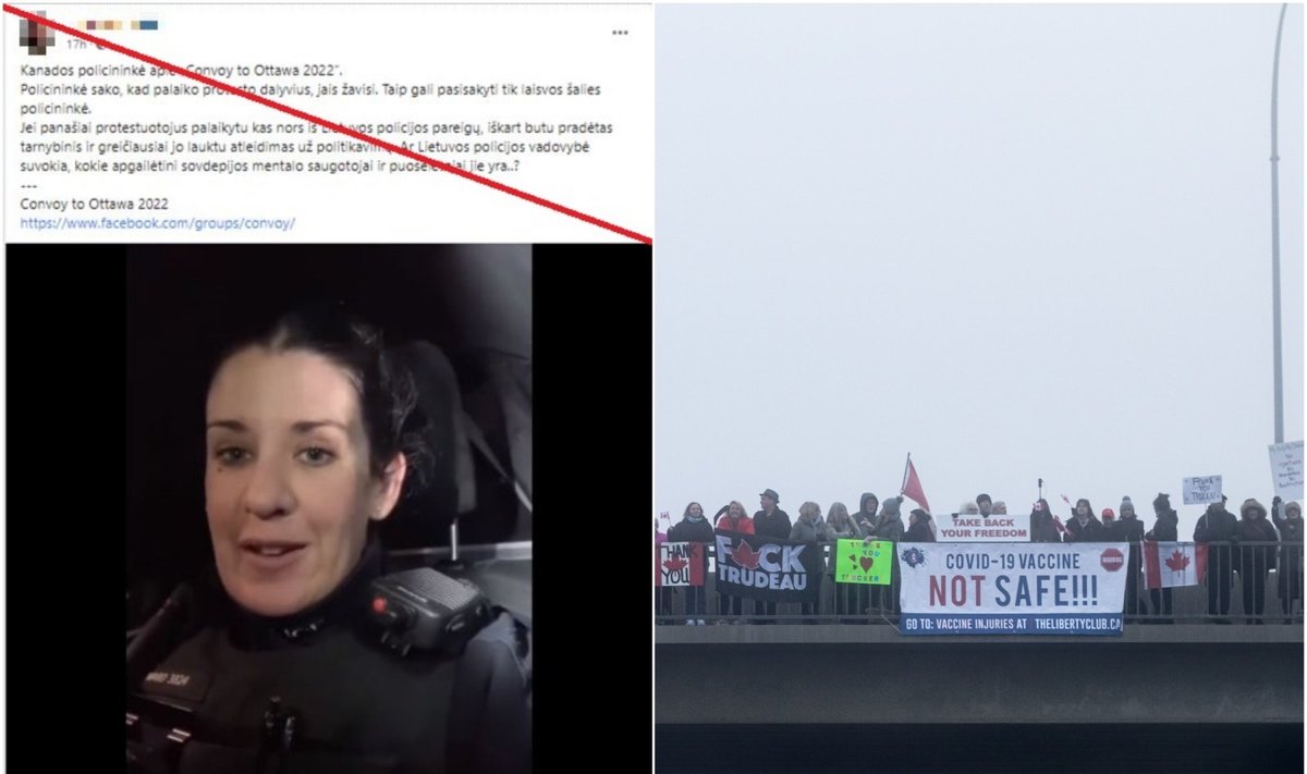 Kairėje – klaidinanti žinutė, dešinėje – protesto „Laisvės karavanas 2022“ palaikytojų grupė, Britų Kolumbija, Kanada, sausio 23 d.  