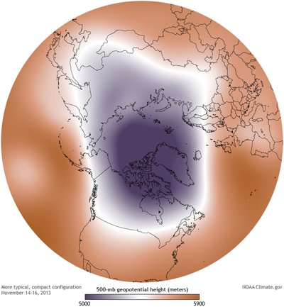 Kuomet šalto oro sūkurys užrakintas Arktyje, šaltis lieka Šiaurės poliuje (climate.gov)
