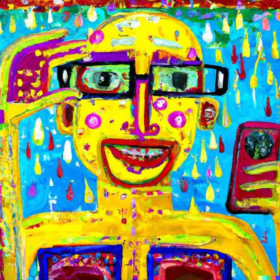  DALL-E piešinys pagal užklausą: Expressionist painting of crazy bald middle aged man with glasses under the rain of smartphones