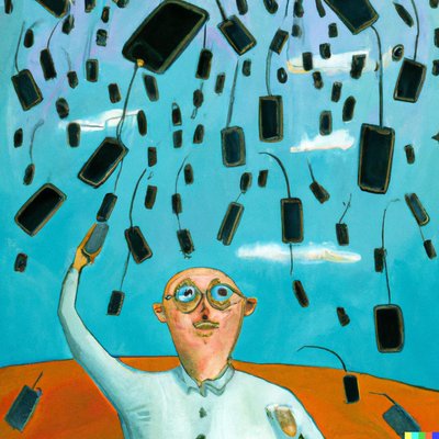  DALL-E piešinys pagal užklausą: avantgarde painting of Short bald middle aged man with glasses caching phones falling from the sky 
