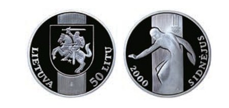 Sidnėjaus vasaros olimpinėms žaidynėms skirta 50 litų moneta, 2000 m., dailininkas Antanas Žukauskas, iš knygos "Pinigų istorija"
