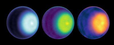 Urano vaizdas skirtinguose mikrobangų ruožuose. Šviesi dėmė į dešinę nuo centro – ašigalinis ciklonas, trunkantis bent septynerius metus. Šaltinis: NASA/JPL-Caltech/VLA
