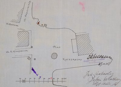 Firmos „Oleum“ prašymo leisti statyti benzino kolonėlę Katedros aikštėje priedas - brėžinys. Raudonas mažas apskritimas nurodo būsimos kolonėlės vietą. 1925 m. spalio 29 diena