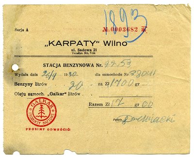 Bendrovės „Karpaty“ kvitas už parduotą benziną. 1930 metai. Vyčio Ramanausko kolekcija. 