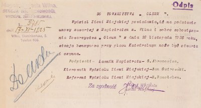 Vilniaus magistrato nekilnojamo turto departamento, žemės skyriaus 1925 m. lapkričio 17 d. raštas bendrovei „Oleum“, kad jai leidžiama eksploatuoti benzino kolonėlę Katedros aikštėje