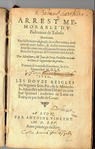 1560 m. Jean de Coras knygos „Arrest Memorable“ įžanginis puslapis – vienas iš dviejų pagrindinių šaltinių apie Martyno Guerės teismo bylą
