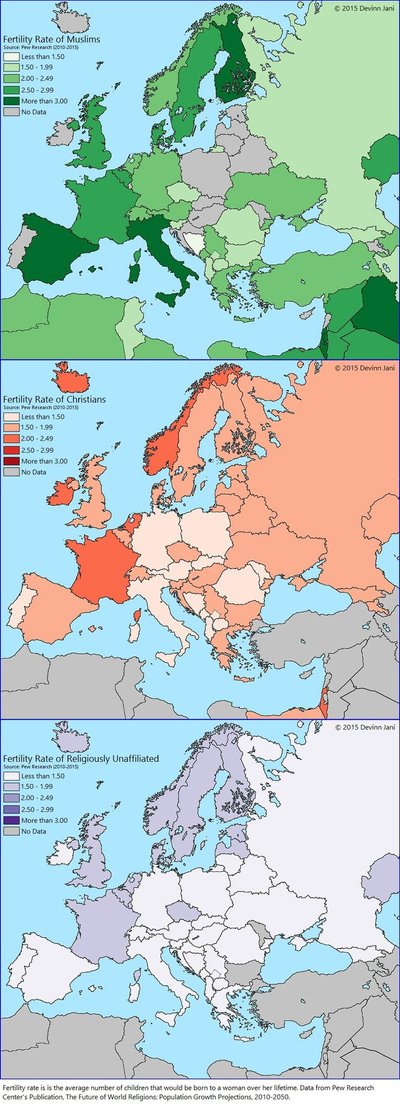 Dzietność kobiet w Europie według religii. Foto: Pew Research Center