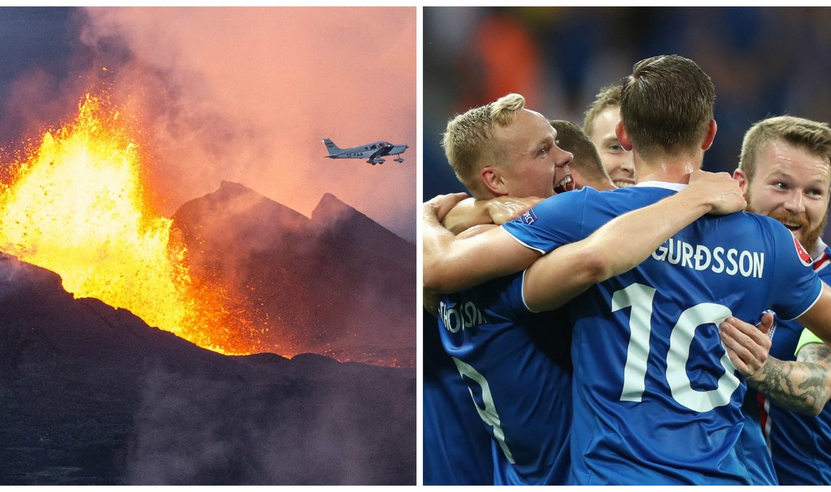 Ugnikalnis ir Islandijos futbolo rinktinė (AFP, Sipa-Press nuotr.)