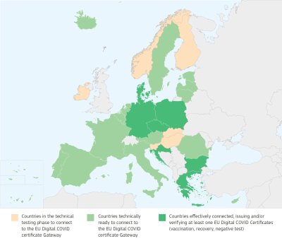 Šalių, pasirengusių įdiegti ir jau įdiegusių ES skaitmeninį COVID pažymėjimą, žemėlapis