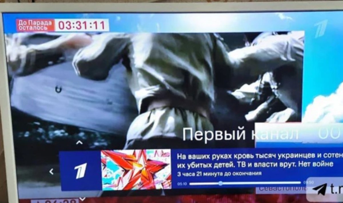 Nulaužti televizijos kanalai Rusijoje. E2w/Spook twitter/Telegram nuotr.