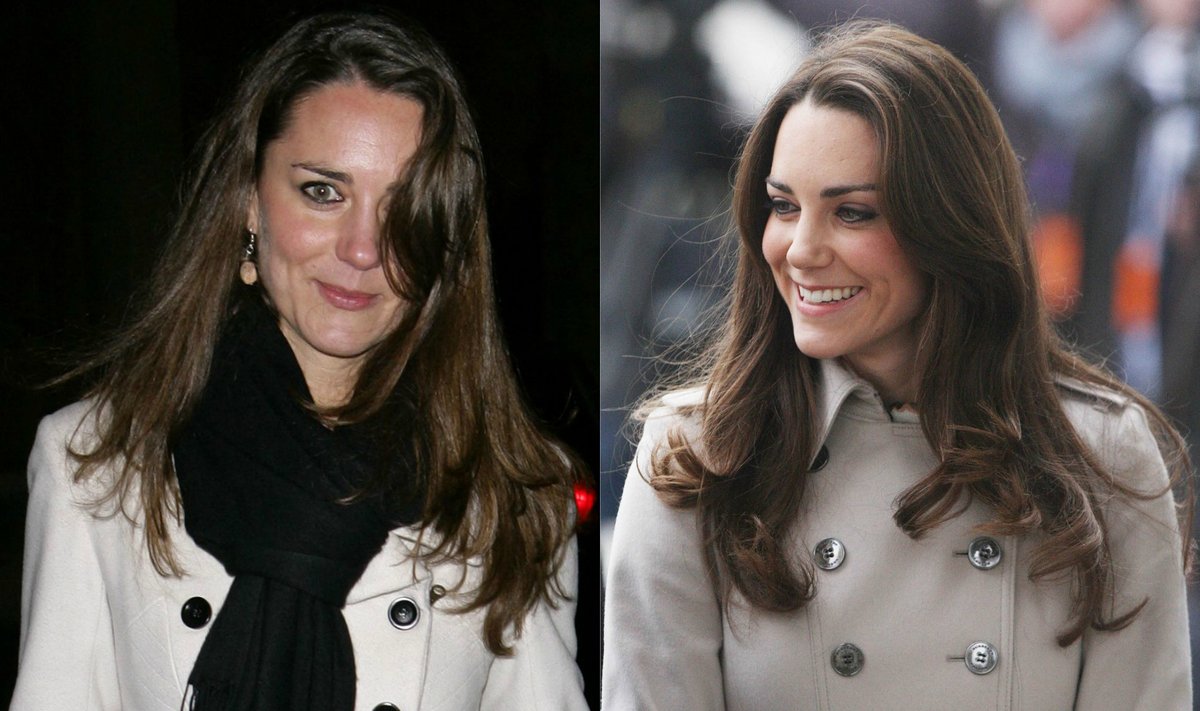 Kate Middleton kairėje - 2009 metais, dešinėje - 2016 m.