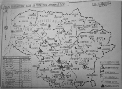 MGB sudarytas lietuvių ginkluoto pasipriešinimo apygardų žemėlapis