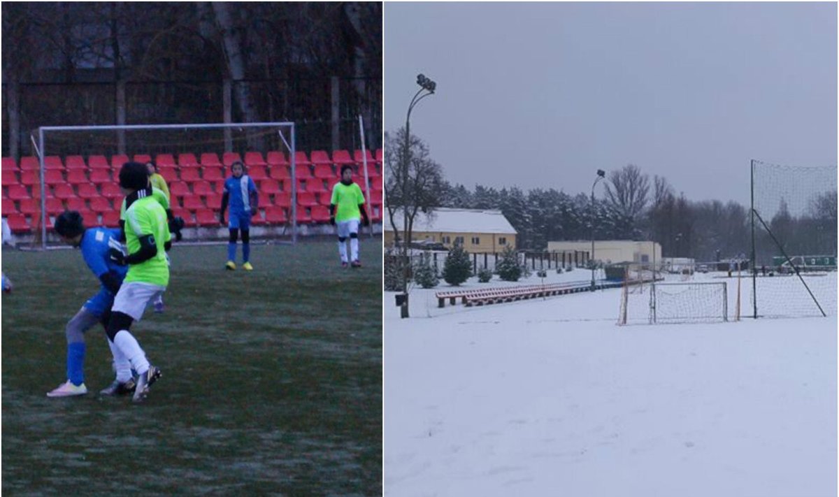 Šeštadienį vaikai dar gainiojo kamuolį Panevėžyje, o sekmadienį varžybos buvo atšauktos dėl sniego (DELFI skaitytojo ir LVJFA nuotr.)