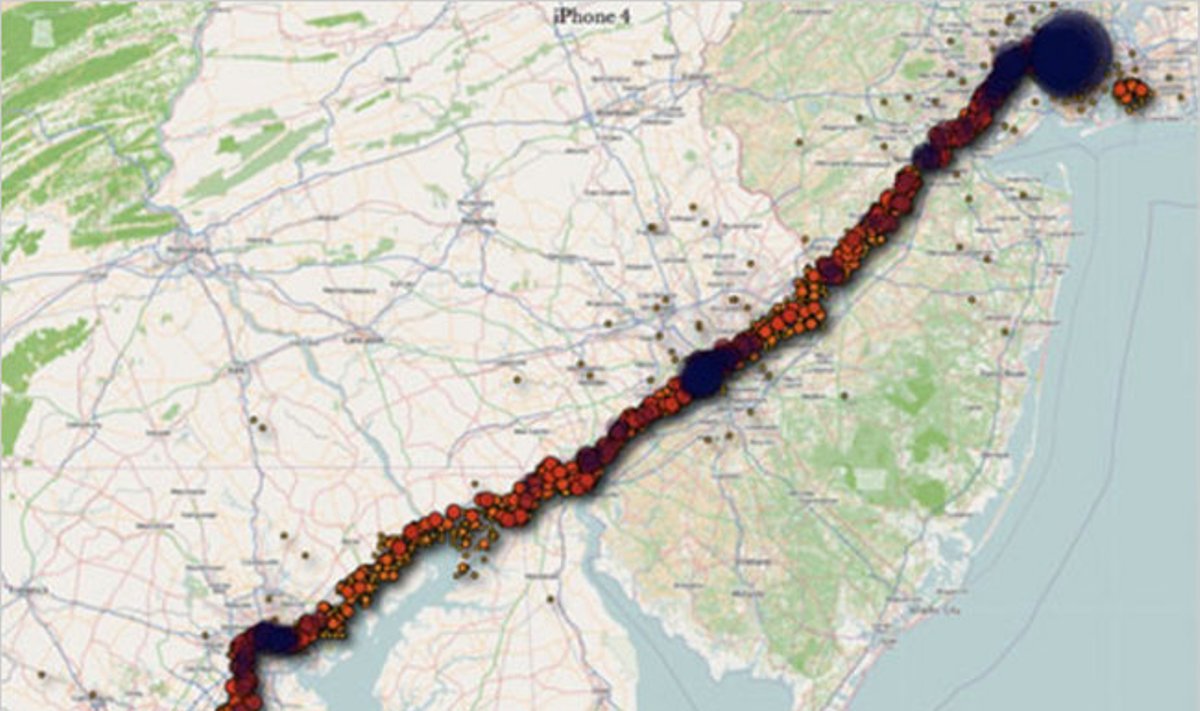 iPhone užfiksuotas kelionės tarp Vašingtono ir Niujorko žemėlapis