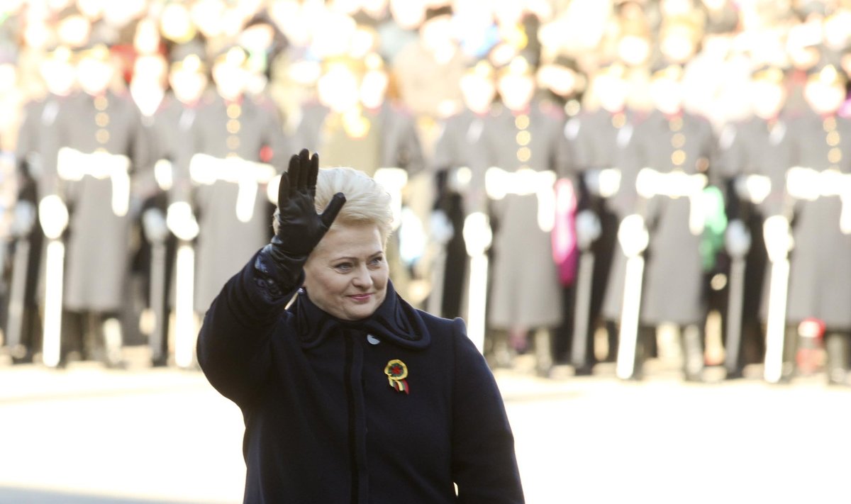 President Dalia Grybauskaitė during the raising of the three Baltic states flags on the Daukantas' square in Vilnius during the February 16 celebrations