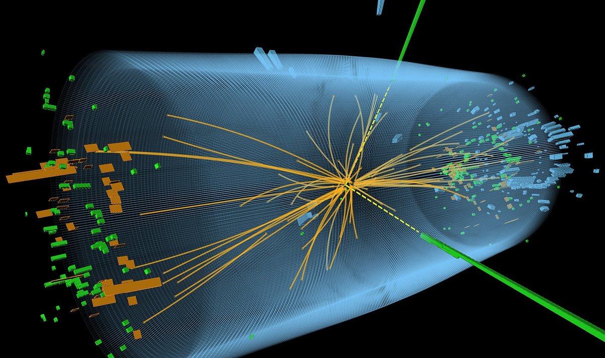 LHC greitintuve atlikto eksperimento iliustracija: matomi du išsiskiriantys fotonai