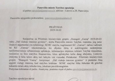 Panevėžio miesto Tarybos opozicijos prašymas prokuratūrai