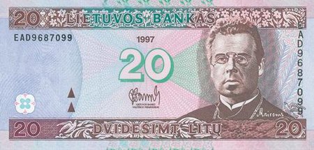 1997 m. laidos 20 litų banknotas. Lietuvos banko nuotr.