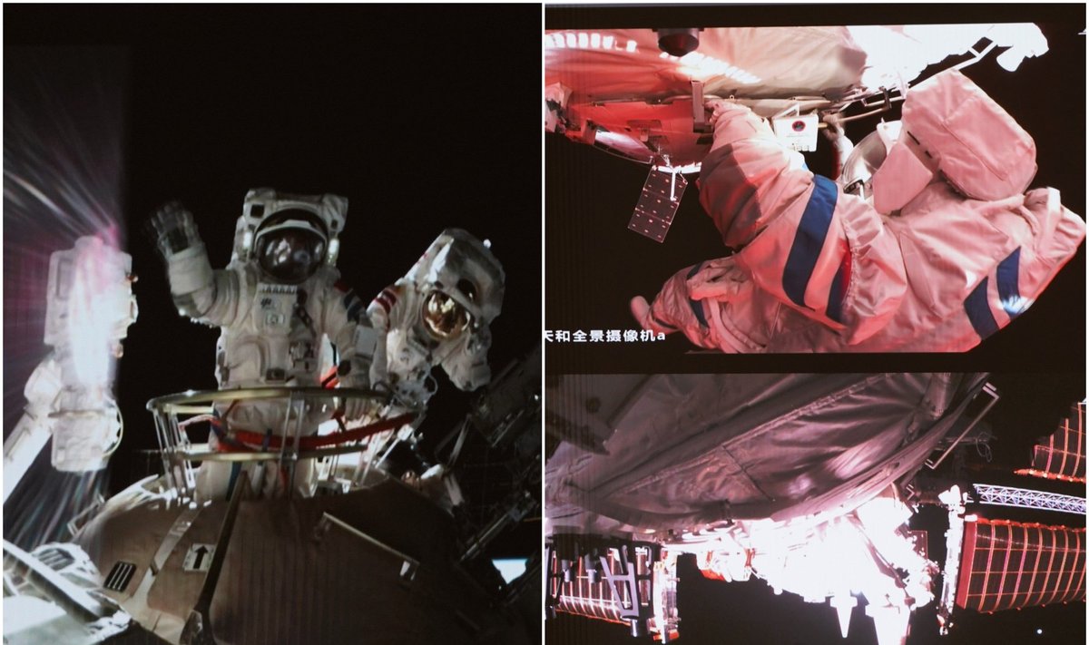 Kinijos astronautai kosminėje stotyje atlieka darbus.