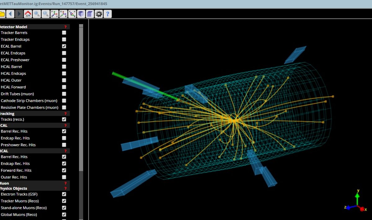 Vieno iš CMS jutikliu užregistruotų susidūrimų vaizdas (CERN iliustr.)