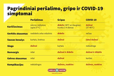 Gripo, COVID-19 ir peršalimo ligų simptomai