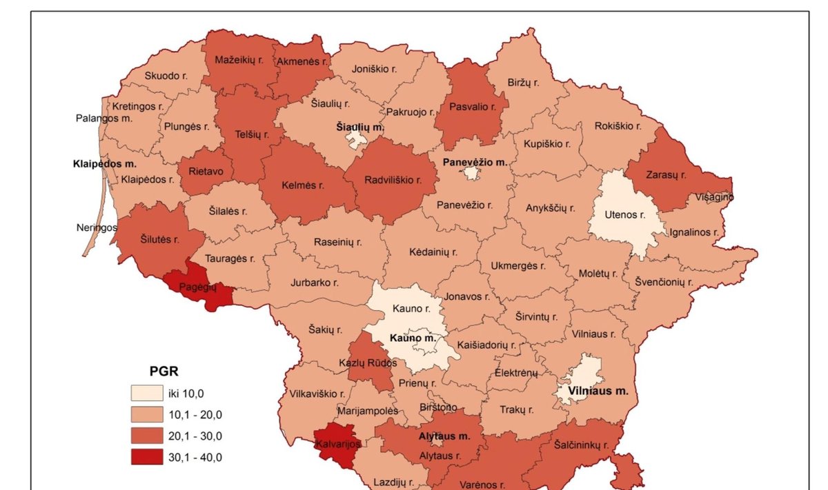 Žemėlapis „Gimdymo paauglystėje raida ir teritorinė diferenciacija Lietuvoje“ (V. Tretjakovos nuotr.)