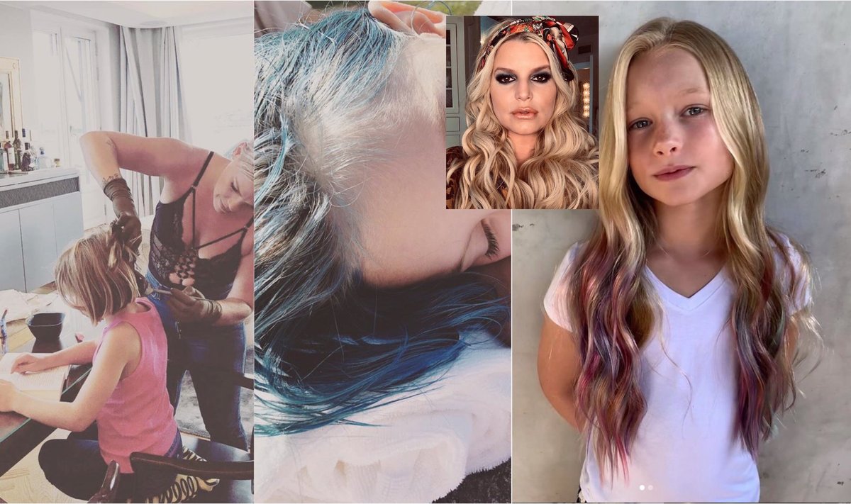 Pink ir Jessica Simpson nudažė dukroms plaukus