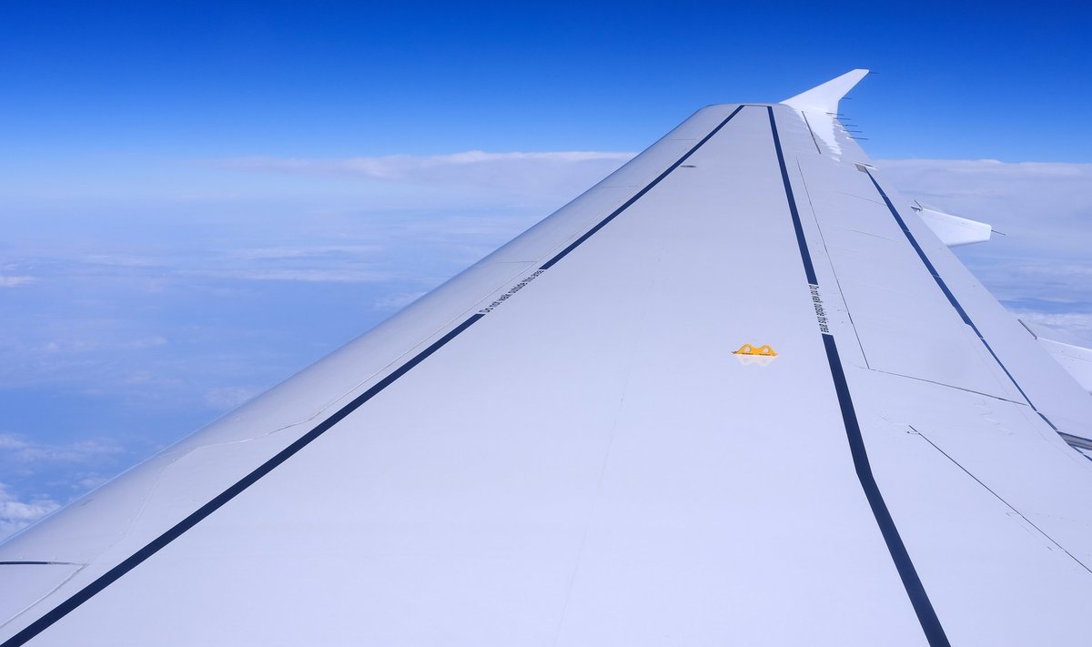 Geltona detalė ant lėktuvo sparno