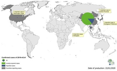 Lentelė. Naujo koronaviruso 2019-nCoV sukelti patvirtinti atvejai (n=448) pagal šalis ir regionus,  2020 m. sausio 21 d.