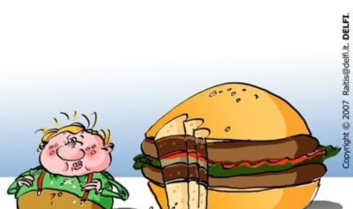 Greitas maistas, mėsainis, nutukimas - karikatūra