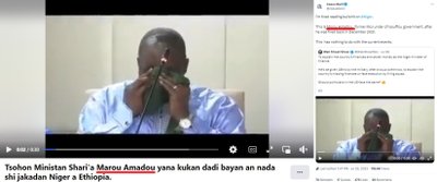 Žinutėse nurodoma, kad verkiantis vyras yra 2021 m. pareigas baigęs eiti buvęs Nigerio teisingumo ministras Marou Amadou