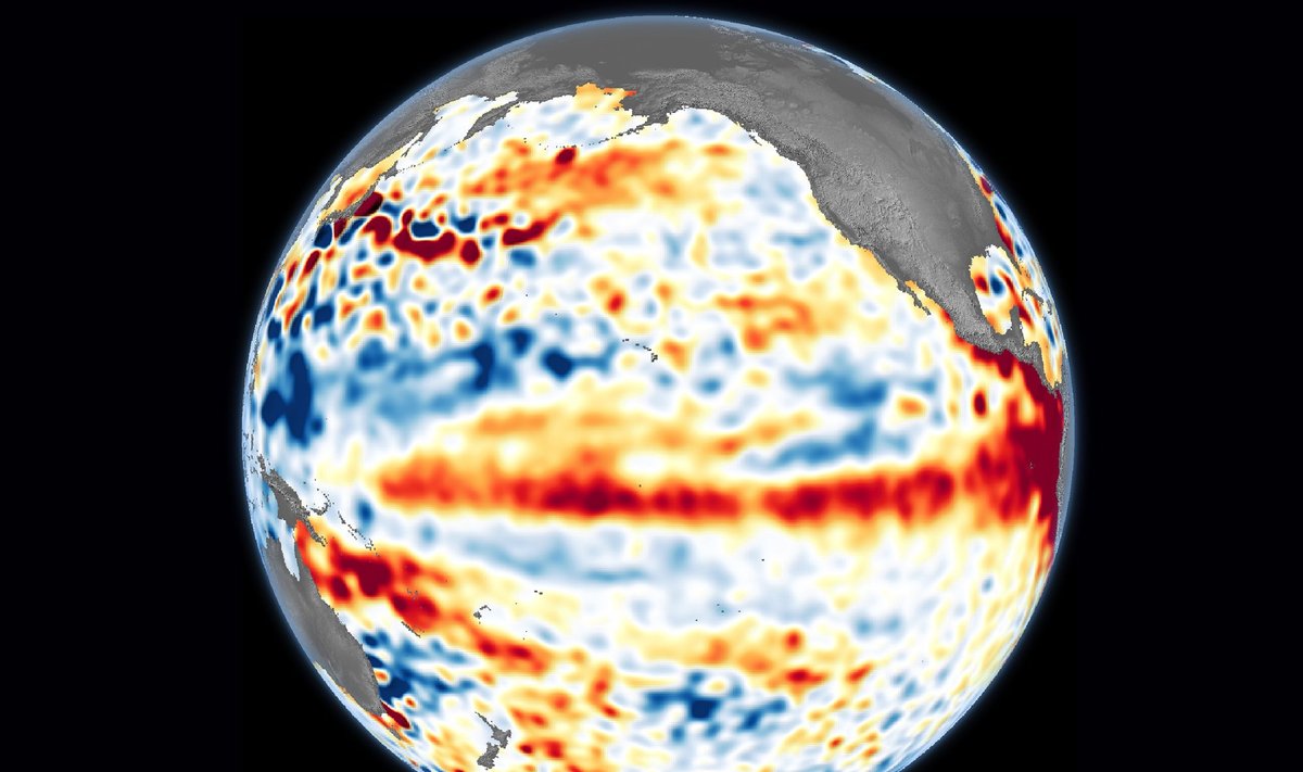 El Ninjo parodo vandens lygio pakilimas Ramiajame vandenyne ties pusiauju. Josh Willis, Severin Fournier, and Kevin Marlis/NASA/JPL-Caltech nuotr.